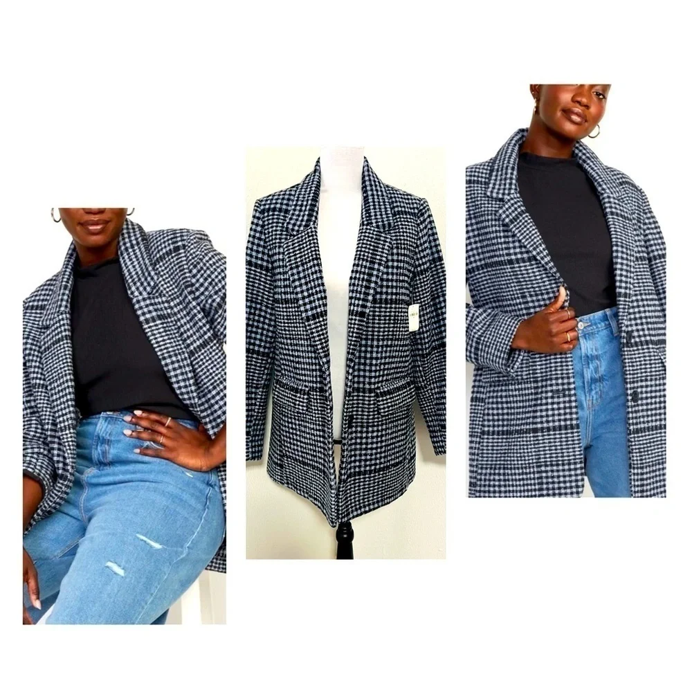 Old Navy Medium Oversized Plaid Soft-Brushed Tweed Blazer Double Button NWT